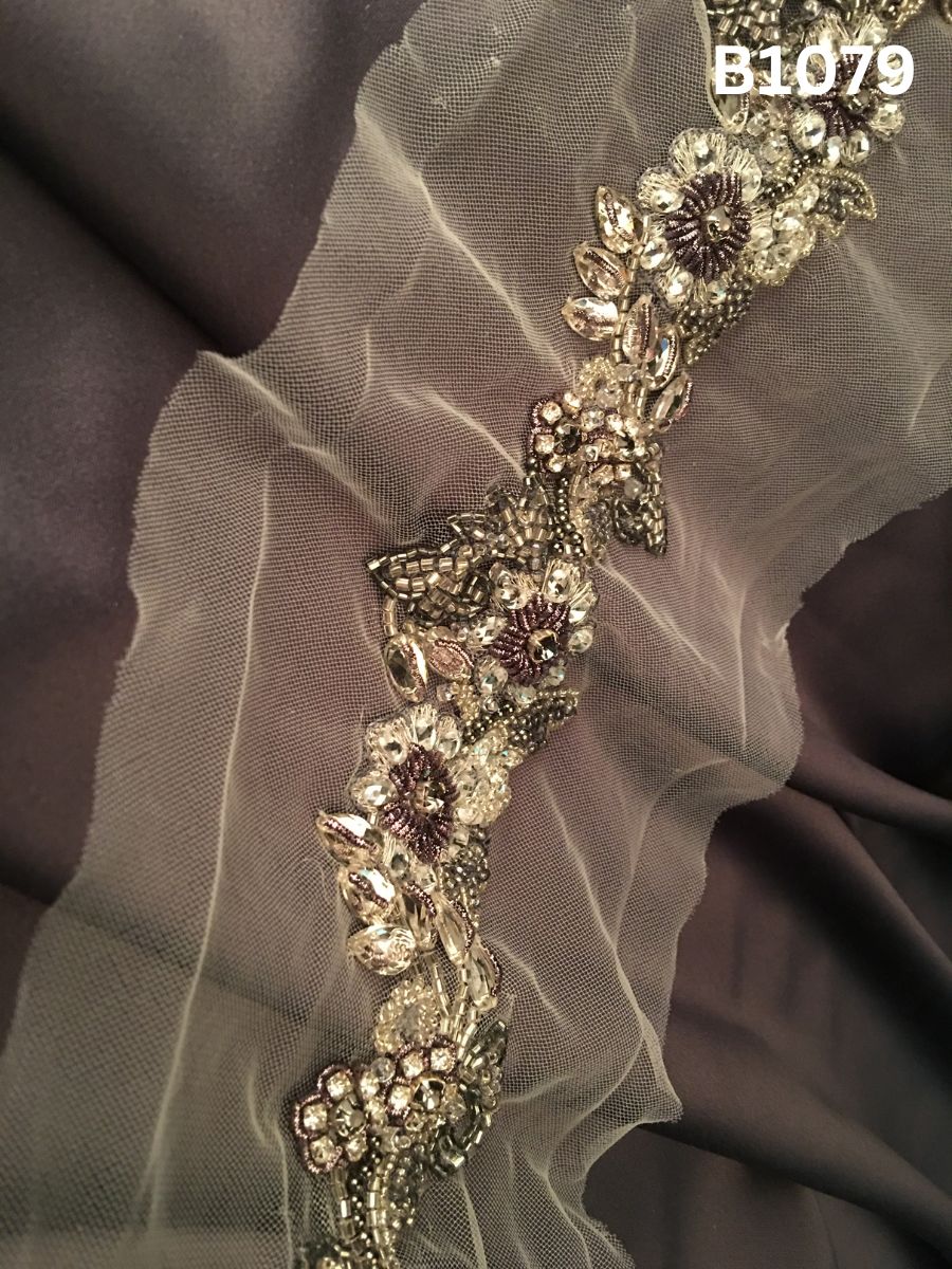 #B1079 Exquisite Hand-Beaded Trim in Floral Design – Lavishly Embellished with Crystals, Beads, Rhinestones, and Sequins for Bridal, Eveningwear, and Couture Fashion