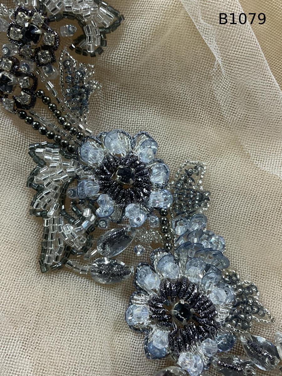 #B1079 Elegant Floral Design Trim Beaded with Crystals, Beads, and Rhinestones – A Luxurious Embellishment for Couture Fashion, Bridal, Evening Wear