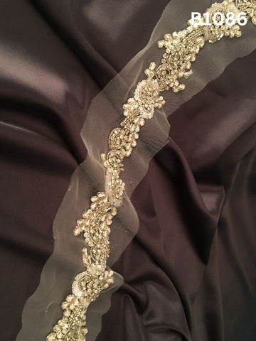 #B1086 Luxurious Hand-Beaded Trim in Floral Design – Intricately Embellished with Beads, Sequins, and Rhinestones for Couture, Bridal, and High-End Fashion Embellishment