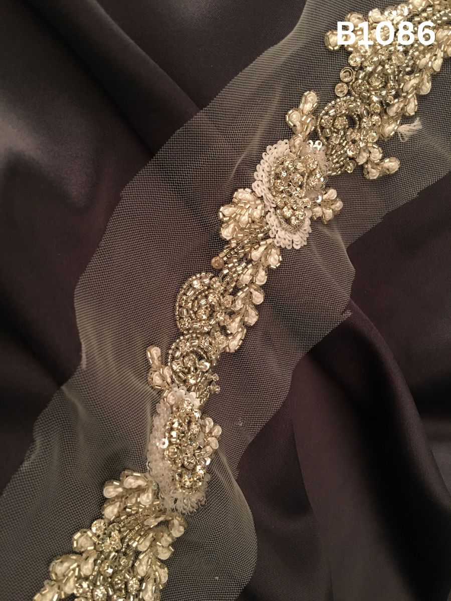 #B1086 Luxurious Hand-Beaded Trim in Floral Design – Intricately Embellished with Beads, Sequins, and Rhinestones for Couture, Bridal, and High-End Fashion Embellishment