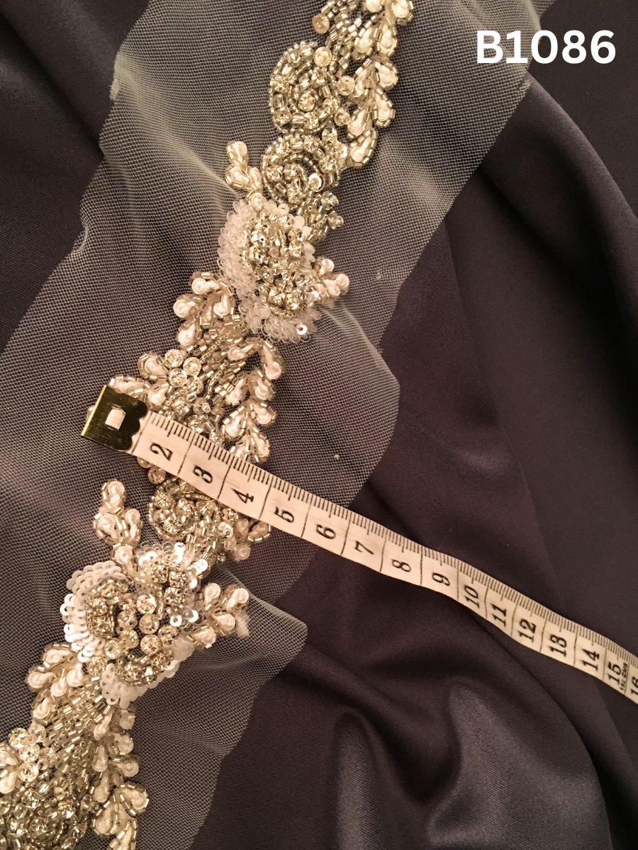 #B1086 Luxurious Hand-Beaded Trim in Floral Design – Intricately Embellished with Beads, Sequins, and Rhinestones for Couture, Bridal, and High-End Fashion Embellishment