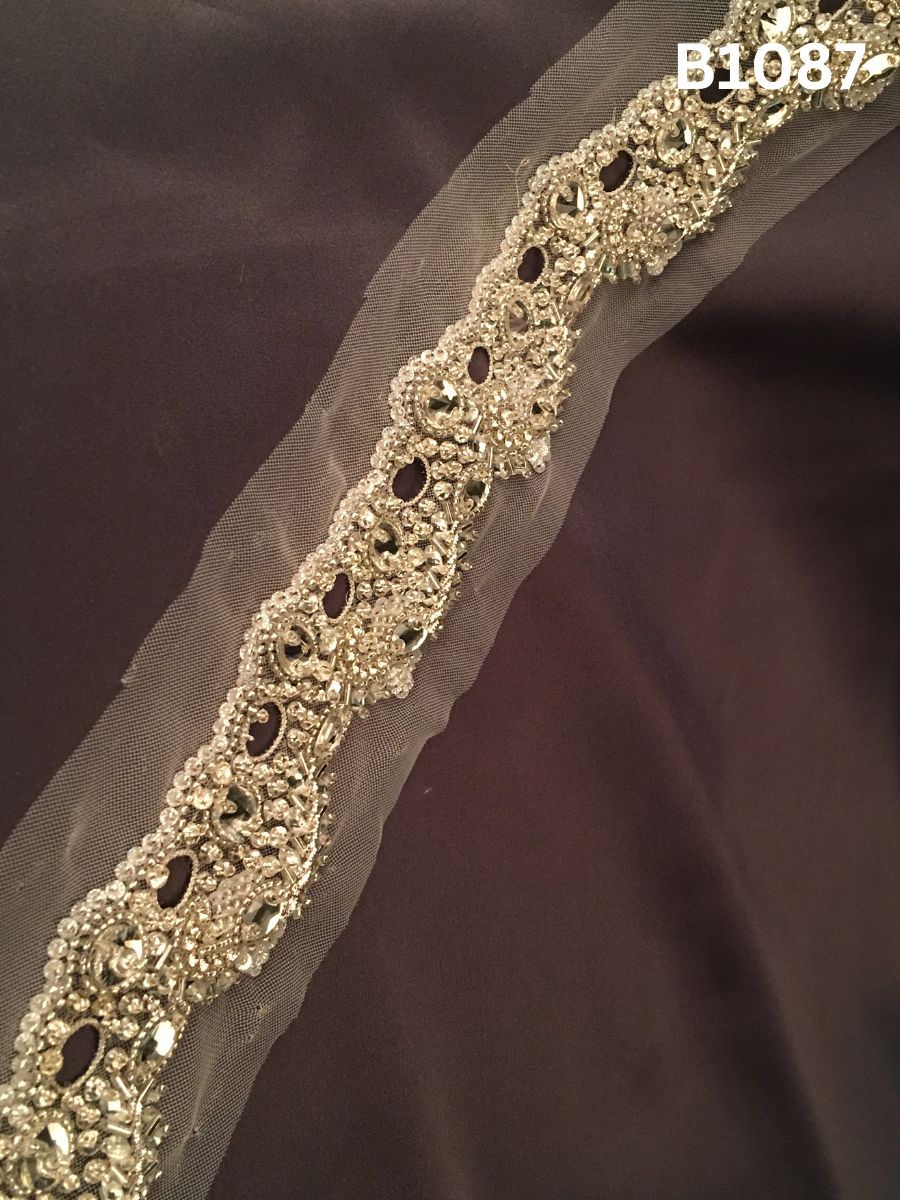 #B1087 Modern Hand-Beaded Trim in Asymmetric Design – Lavishly Embellished with Sequins, Beads, and Crystals for Contemporary Couture, Bridal, and Luxury Fashion