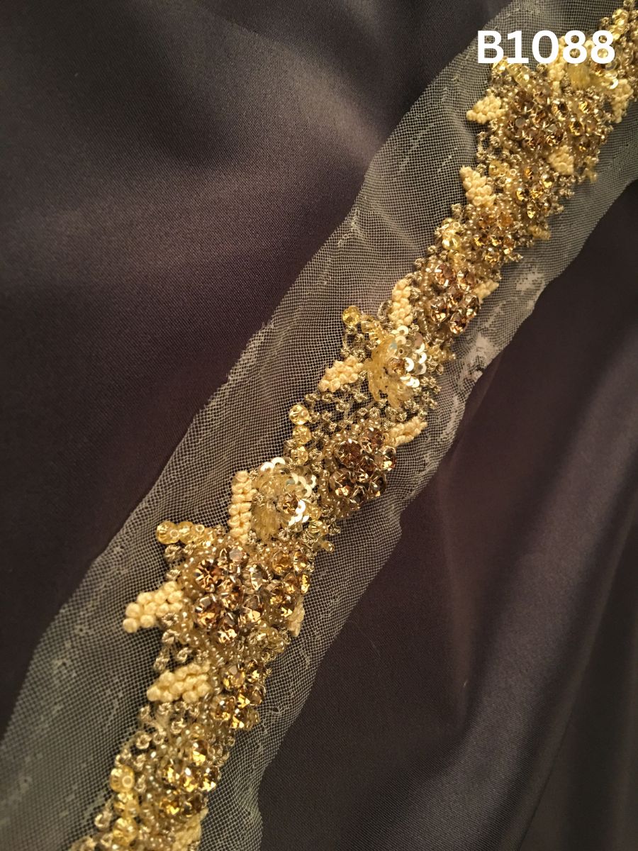 #B1088 Elegant Hand-Beaded Trim in Floral Design – Meticulously Embellished with Beads, Sequins, Rhinestones, and French Knots for Bridal, Couture, and Luxury Fashion Creations