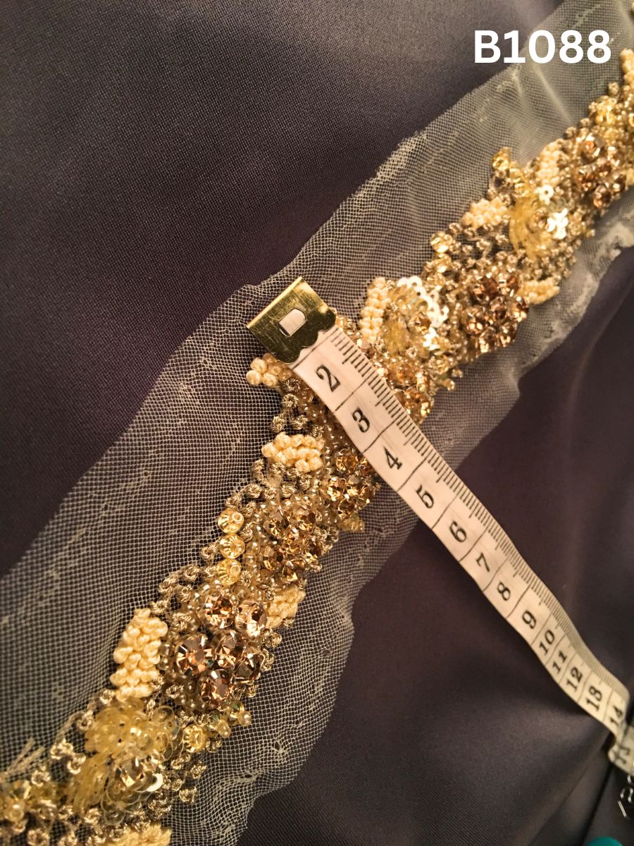 #B1088 Elegant Hand-Beaded Trim in Floral Design – Meticulously Embellished with Beads, Sequins, Rhinestones, and French Knots for Bridal, Couture, and Luxury Fashion Creations