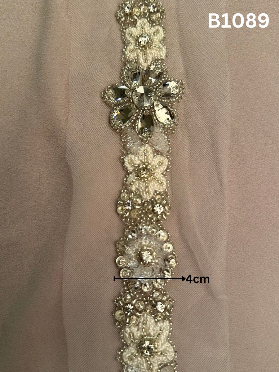 #B1089 Exquisite Hand-Beaded Floral Trim with Beads, Sequins, and Rhinestones