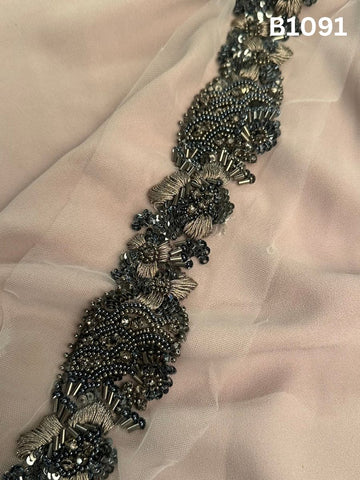 #B1091 Elegant Hand-Beaded Floral Design Trim with Beads, Sequins, and Thread Work