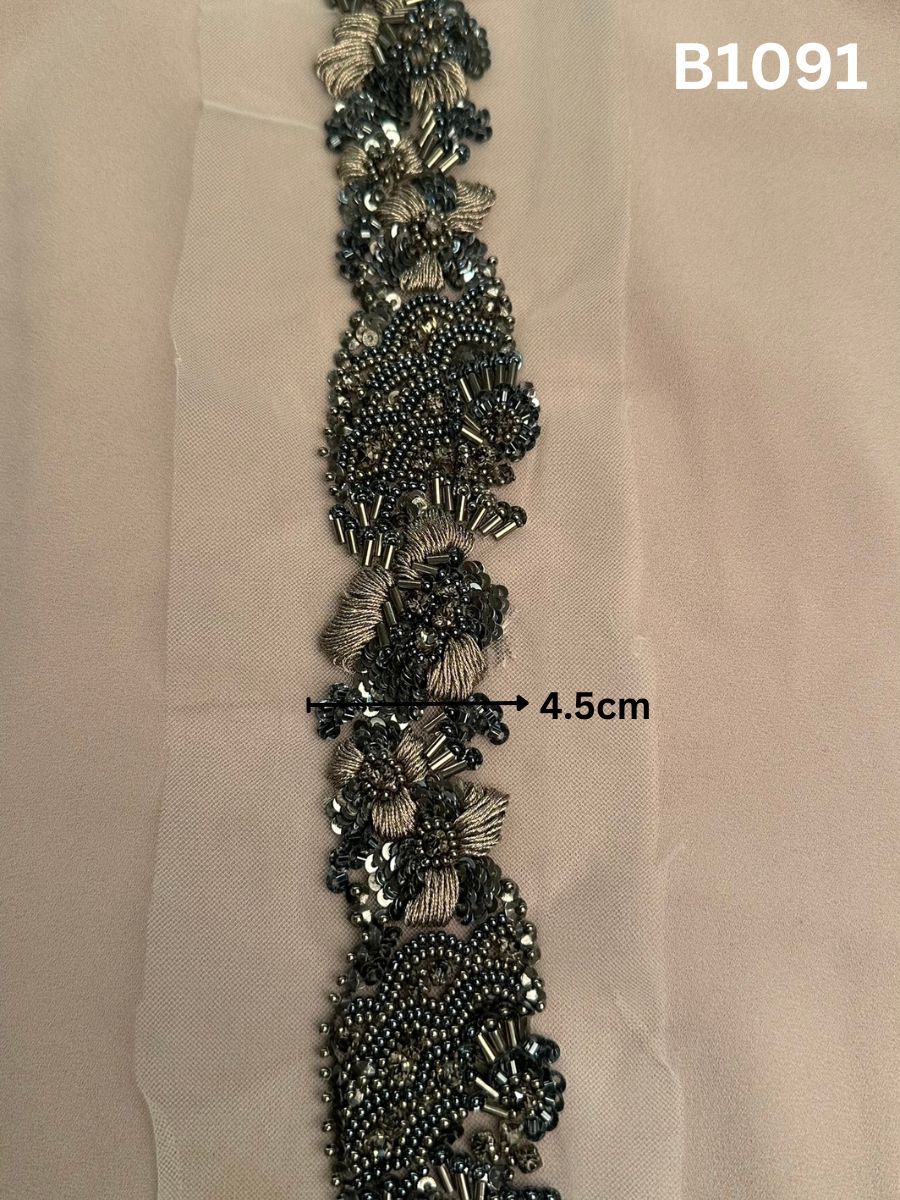 #B1091 Elegant Hand-Beaded Floral Design Trim with Beads, Sequins, and Thread Work
