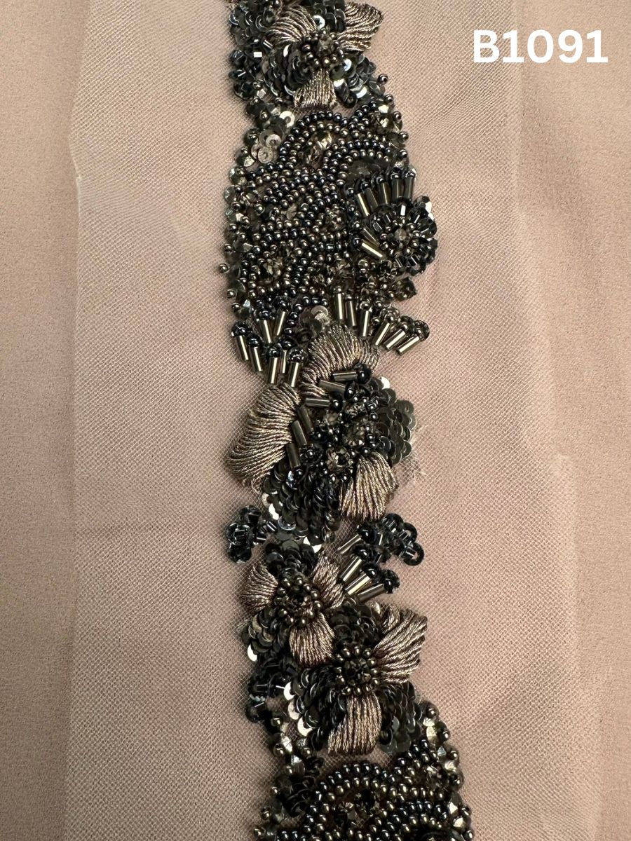 #B1091 Elegant Hand-Beaded Floral Design Trim with Beads, Sequins, and Thread Work