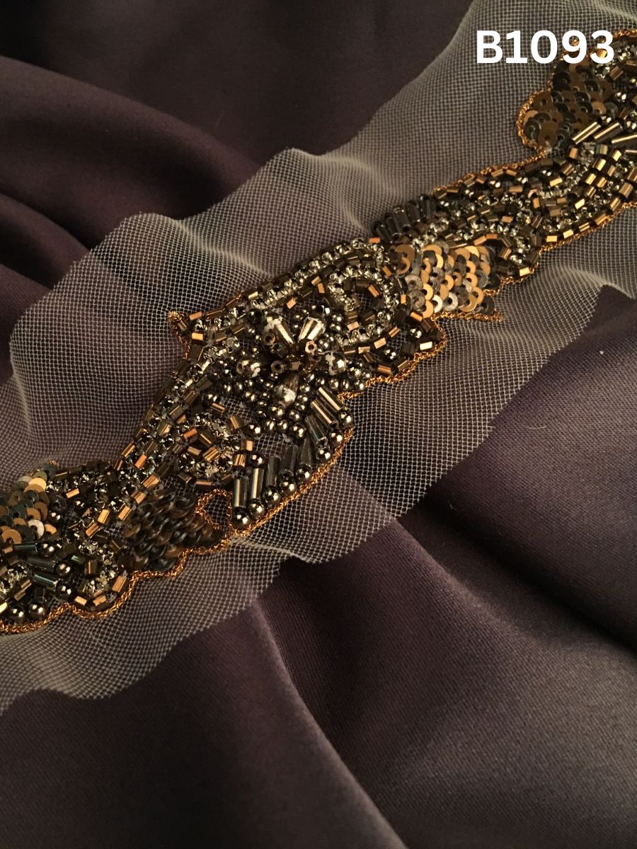#B1093 Stunning Hand-Beaded Trim in Abstract Design – Expertly Embellished with Exotic Beads and Sequins for Couture, Bridal, and Luxury Fashion Detailing