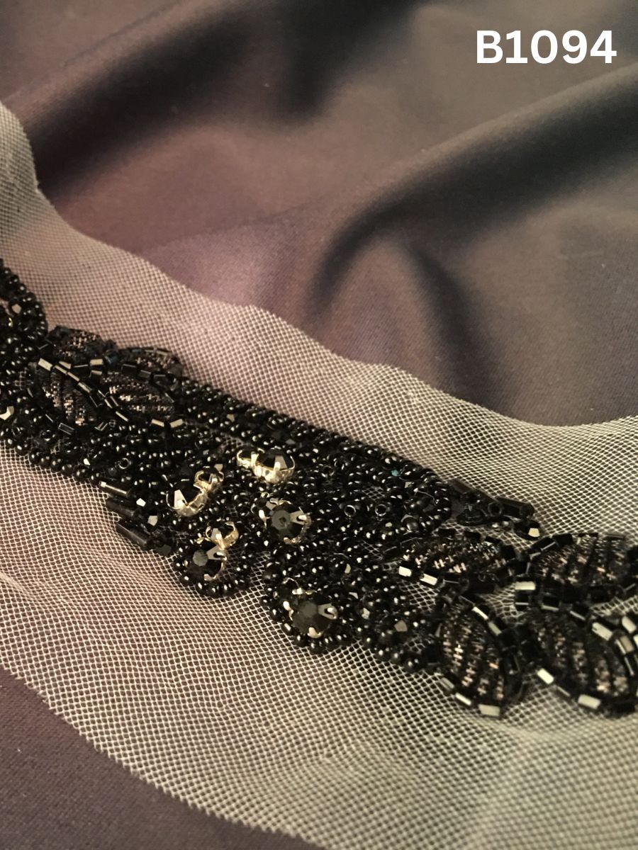 #B1094 Elegant Hand-Beaded Trim in Floral Design – Richly Embellished with Rhinestones and Beads for Couture, Bridal, and Luxury Fashion Creations