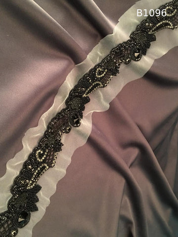 #B1096 Bold Hand-Beaded Trim in Black Abstract Design – Embellished with Rhinestones, Sequins, and Beads for High-Fashion, Couture, and Eveningwear Accents
