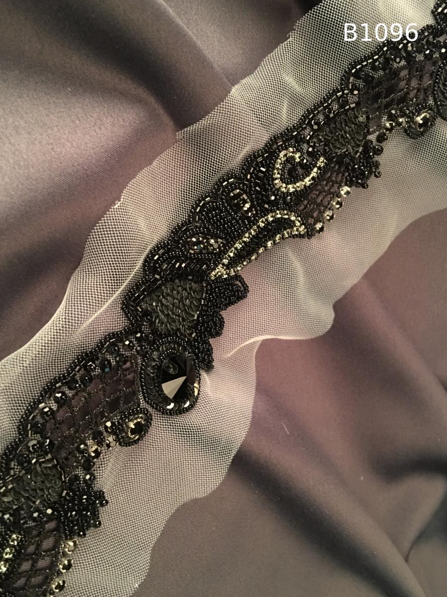 #B1096 Bold Hand-Beaded Trim in Black Abstract Design – Embellished with Rhinestones, Sequins, and Beads for High-Fashion, Couture, and Eveningwear Accents