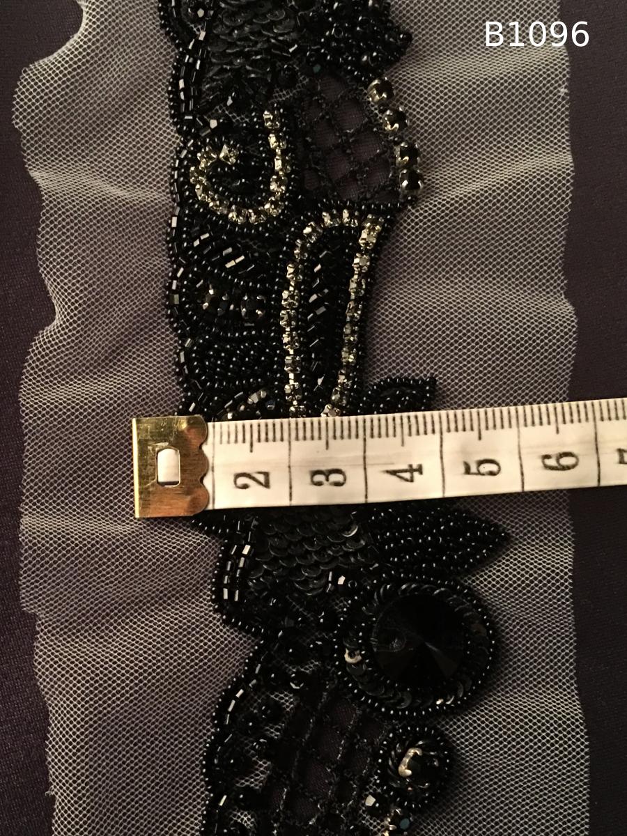#B1096 Bold Hand-Beaded Trim in Black Abstract Design – Embellished with Rhinestones, Sequins, and Beads for High-Fashion, Couture, and Eveningwear Accents