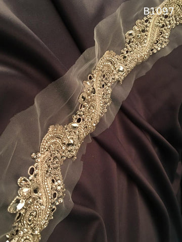 #B1097 Opulent Hand-Beaded Trim in Abstract Design – Lavishly Embellished with Rhinestones, Sequins, and Beads for Couture, Bridal, and Luxury Fashion Detailing