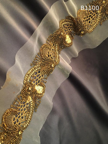#B1100 Elegant Hand-Beaded Trim in Asymmetric Design – Beautifully Embellished with Rhinestones, Sequins, and Beads for Couture, Bridal, and High-End Fashion Creations