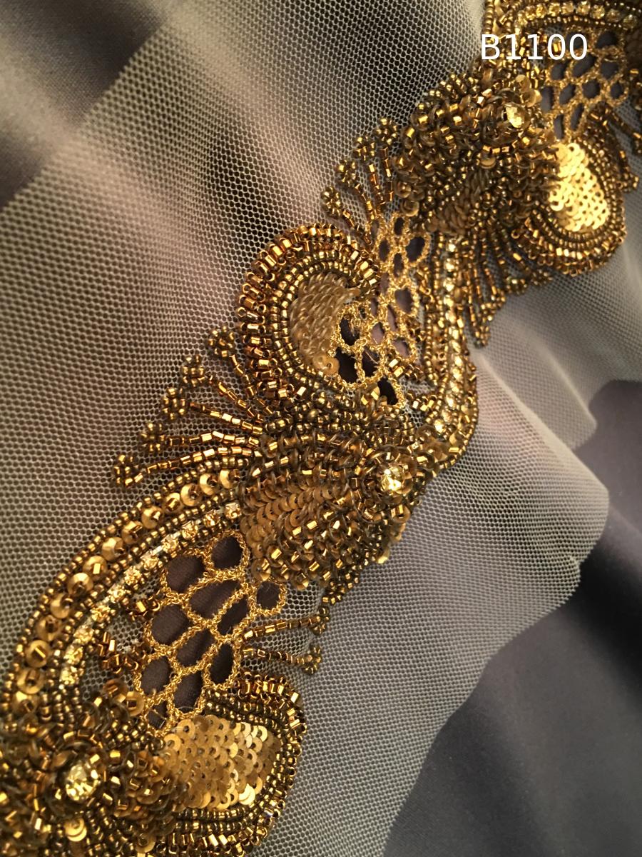 #B1100 Elegant Hand-Beaded Trim in Asymmetric Design – Beautifully Embellished with Rhinestones, Sequins, and Beads for Couture, Bridal, and High-End Fashion Creations