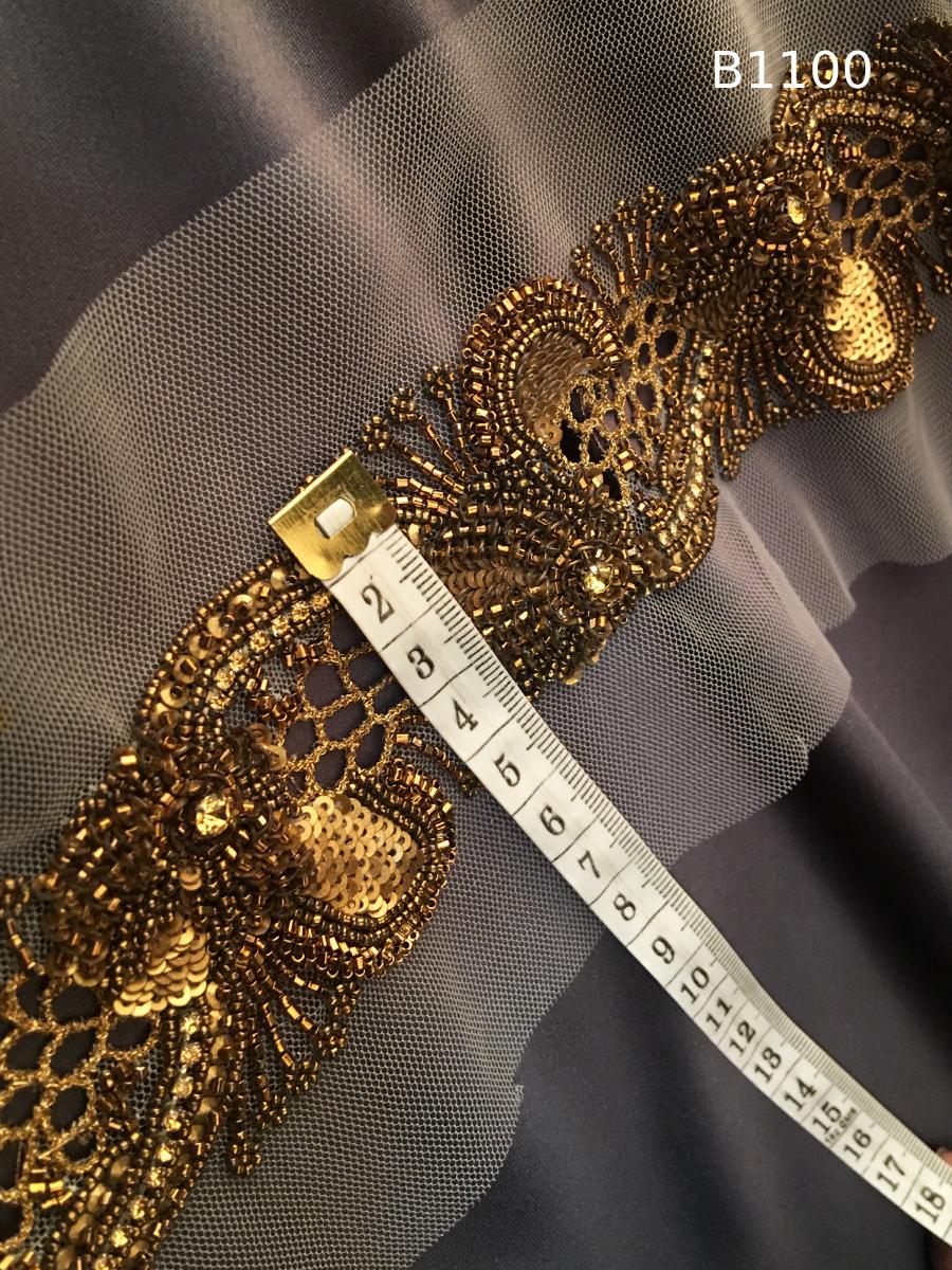 #B1100 Elegant Hand-Beaded Trim in Asymmetric Design – Beautifully Embellished with Rhinestones, Sequins, and Beads for Couture, Bridal, and High-End Fashion Creations
