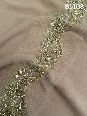 #B1108 Stunning Hand-Beaded Abstract Design Trim with Sequins, Beads, and Rhinestones