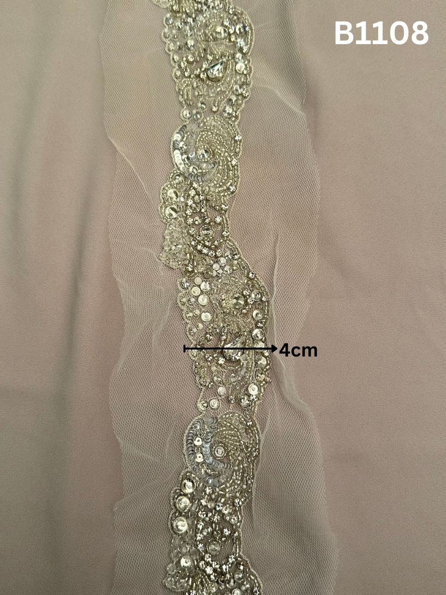 #B1108 Stunning Hand-Beaded Abstract Design Trim with Sequins, Beads, and Rhinestones