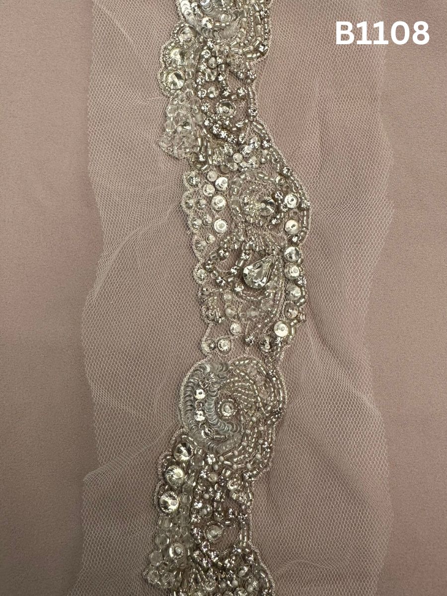 #B1108 Stunning Hand-Beaded Abstract Design Trim with Sequins, Beads, and Rhinestones
