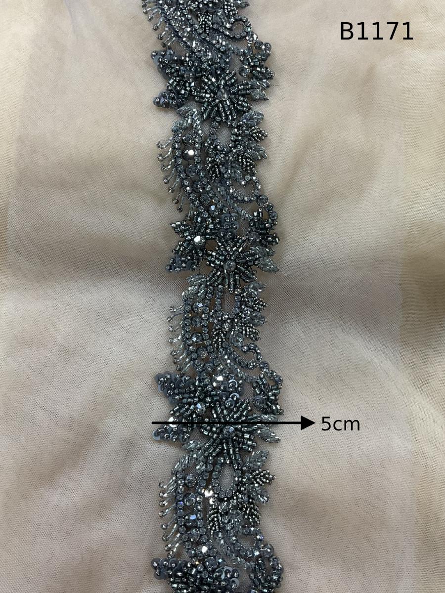 #B1171  Sophisticated Floral Design Trim Beaded with Rhinestones, Sequins, and Beads – Ideal for Fashion, and Crafting Projects