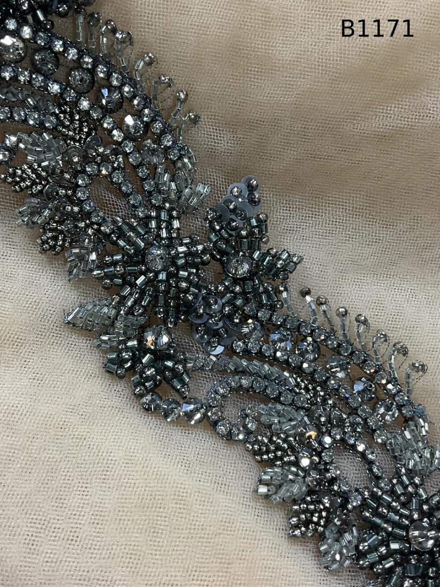 #B1171  Sophisticated Floral Design Trim Beaded with Rhinestones, Sequins, and Beads – Ideal for Fashion, and Crafting Projects