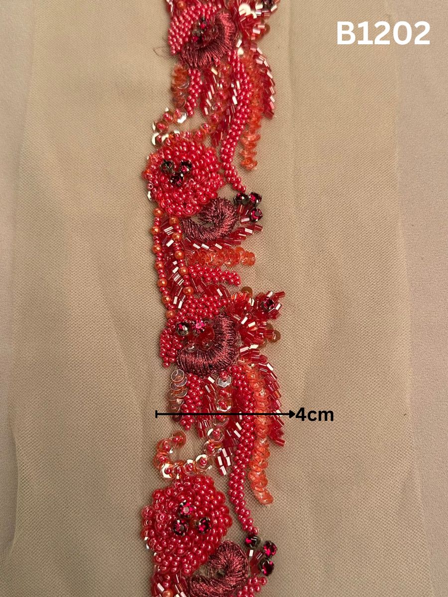 #B1202 Gorgeous Hand-Beaded Floral Design Trim with Sequins, Beads, Thread Work, and Rhinestones