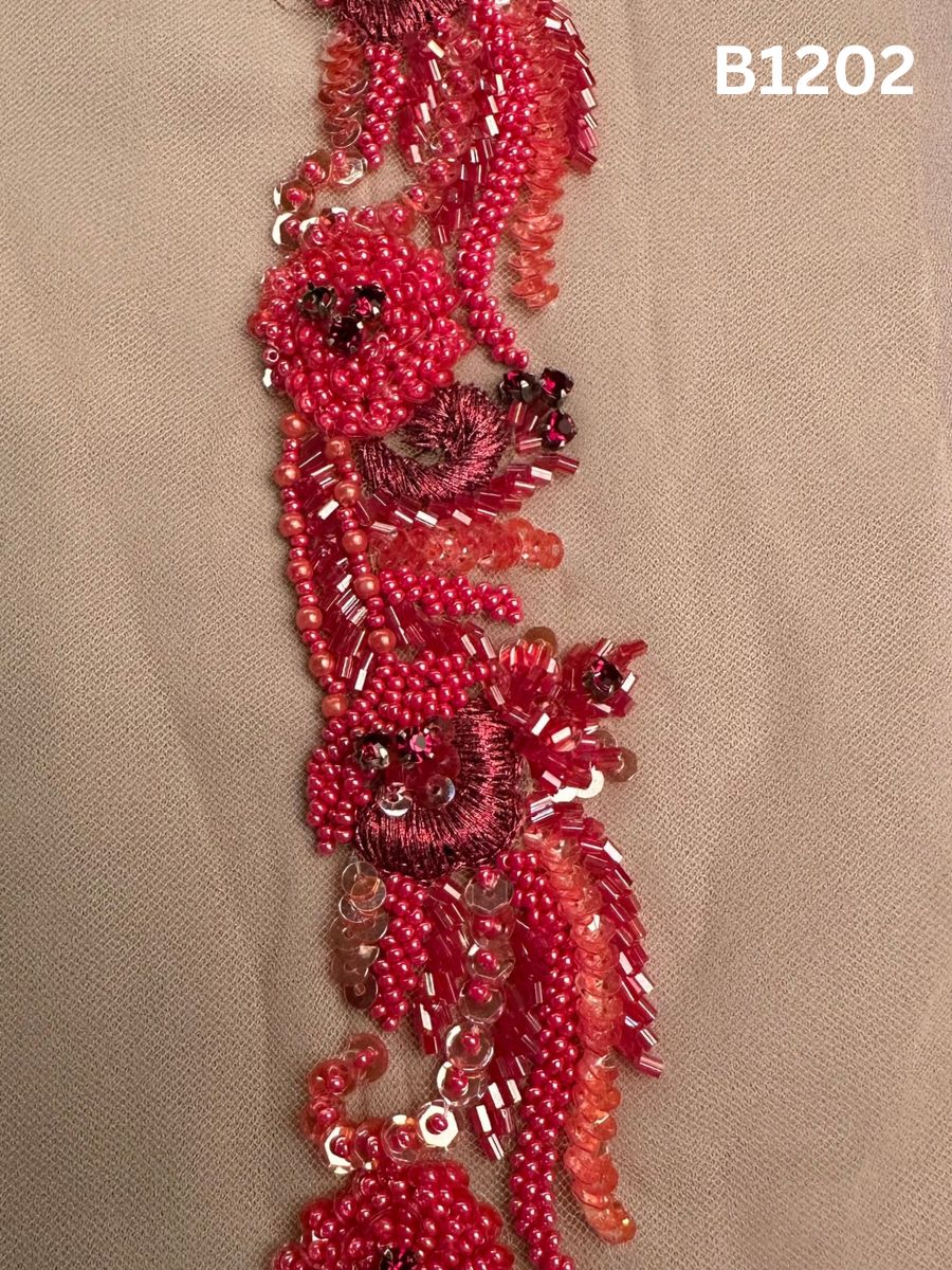 #B1202 Gorgeous Hand-Beaded Floral Design Trim with Sequins, Beads, Thread Work, and Rhinestones