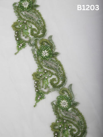 #B1203 Verdant Glimmer: Hand-Beaded Green Abstract Trim with Luxe Beads and Crystal Rhinestones