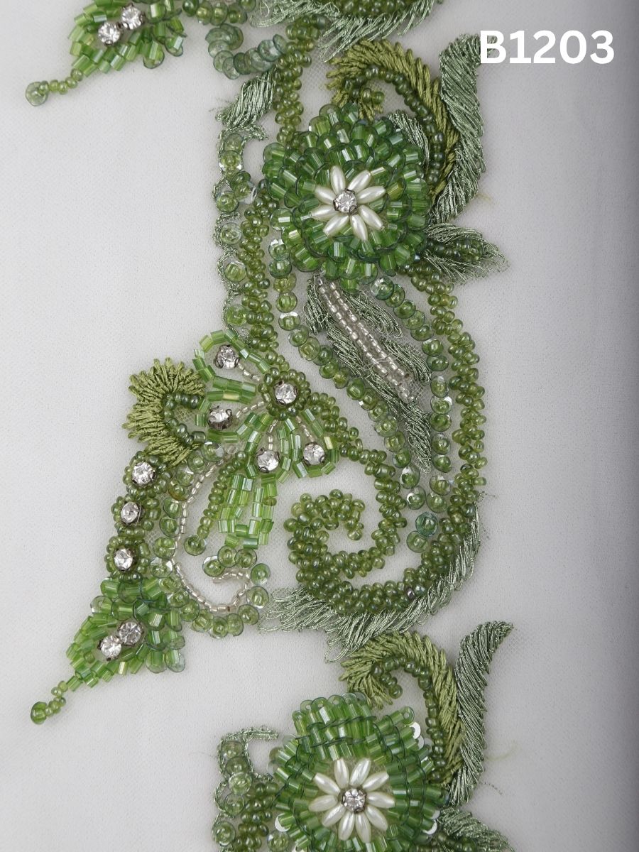 #B1203 Verdant Glimmer: Hand-Beaded Green Abstract Trim with Luxe Beads and Crystal Rhinestones
