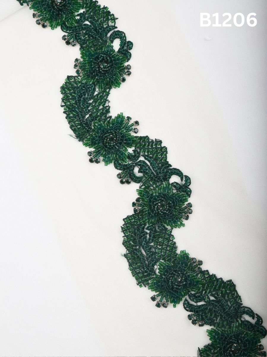 #B1206 Emerald Essence: Hand-Beaded Green Abstract Trim with Artisan Beadwork