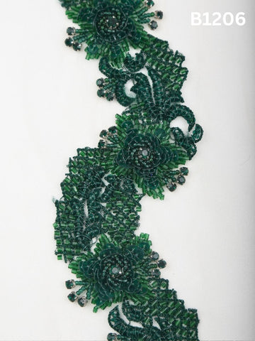 #B1206 Emerald Essence: Hand-Beaded Green Abstract Trim with Artisan Beadwork