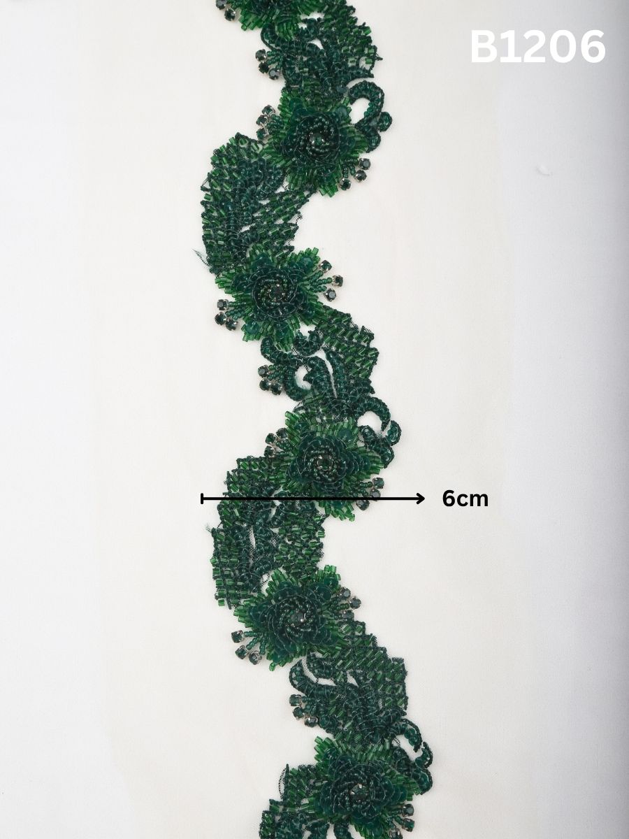 #B1206 Emerald Essence: Hand-Beaded Green Abstract Trim with Artisan Beadwork