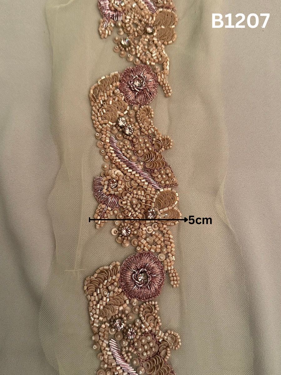 #B1207 Exquisite Hand-Beaded Floral Design Trim with Beads, Sequins, Thread Work, and Rhinestones