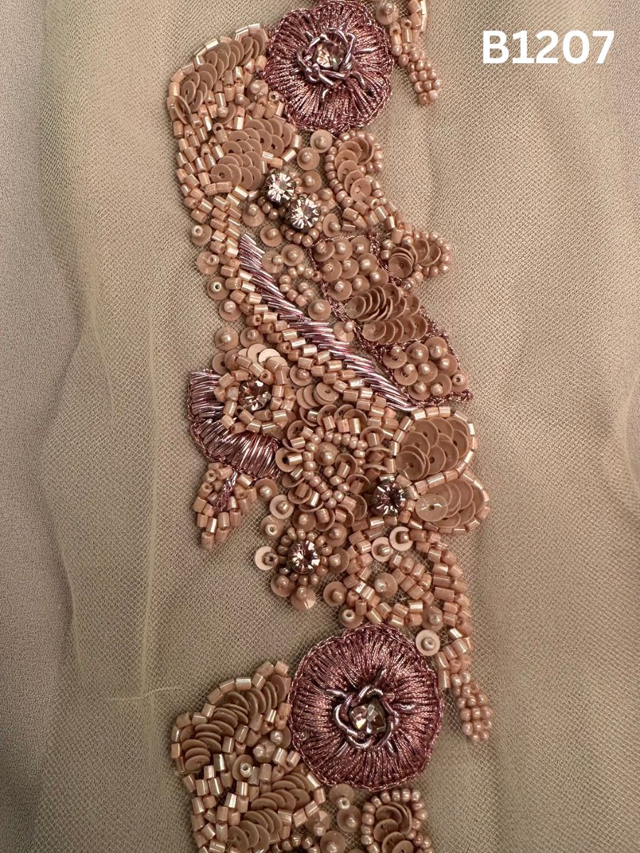 #B1207 Exquisite Hand-Beaded Floral Design Trim with Beads, Sequins, Thread Work, and Rhinestones