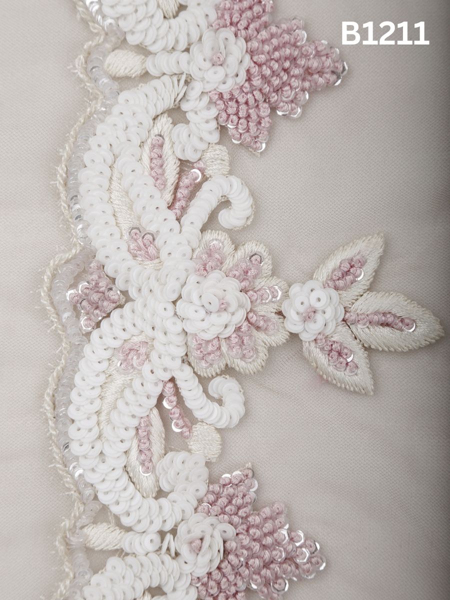 #B1211 Ivory Whisper: Hand-Beaded Abstract Trim with Sequins and Fine Threadwork – A Delicate Embellishment for Global Couture Detailing