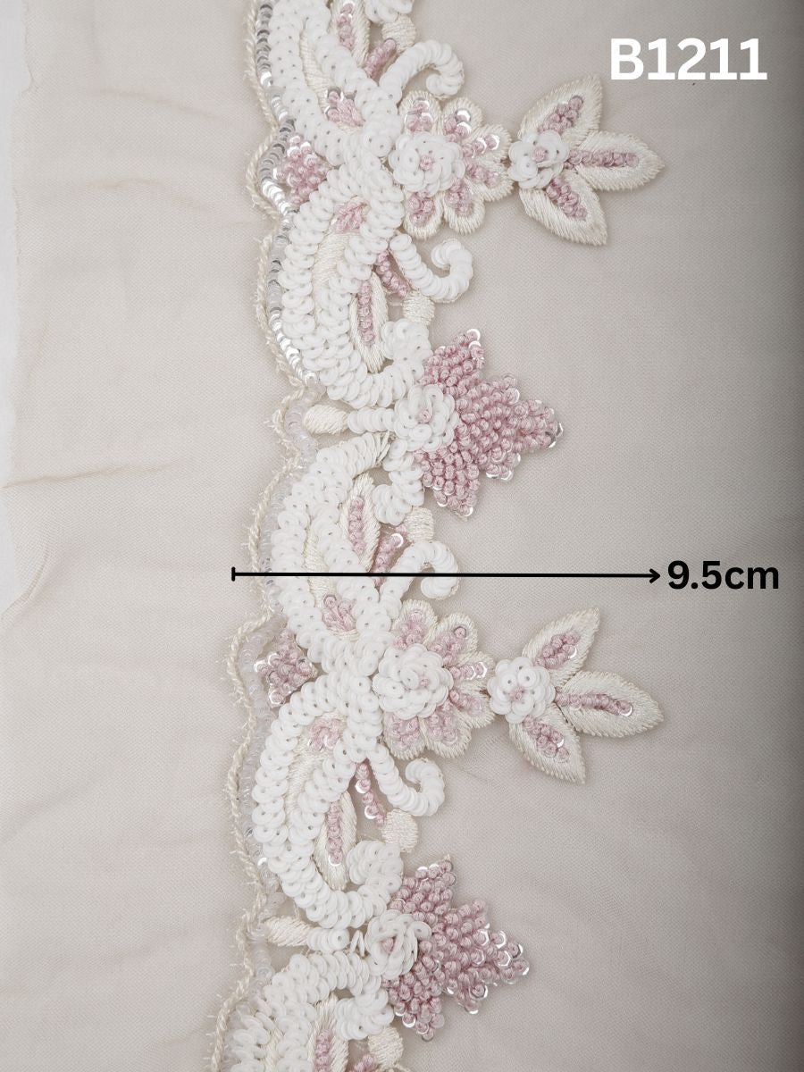 #B1211 Ivory Whisper: Hand-Beaded Abstract Trim with Sequins and Fine Threadwork – A Delicate Embellishment for Global Couture Detailing