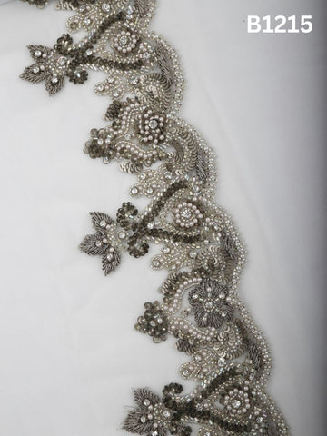 #B1215 Gilded Mirage: Silver and Gold Abstract Hand-Beaded Trim with Sequins, Beads & Intricate Threadwork