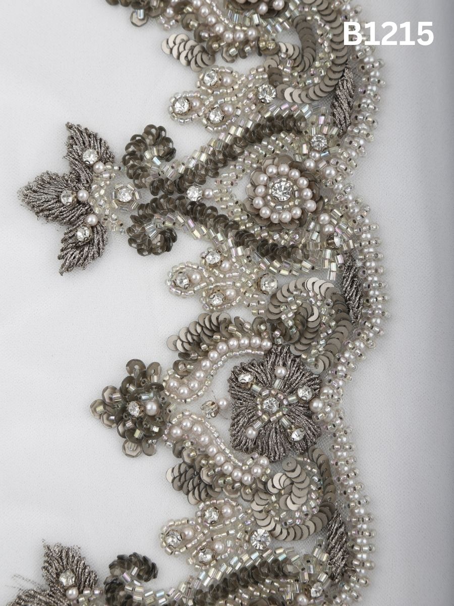 #B1215 Gilded Mirage: Silver and Gold Abstract Hand-Beaded Trim with Sequins, Beads & Intricate Threadwork