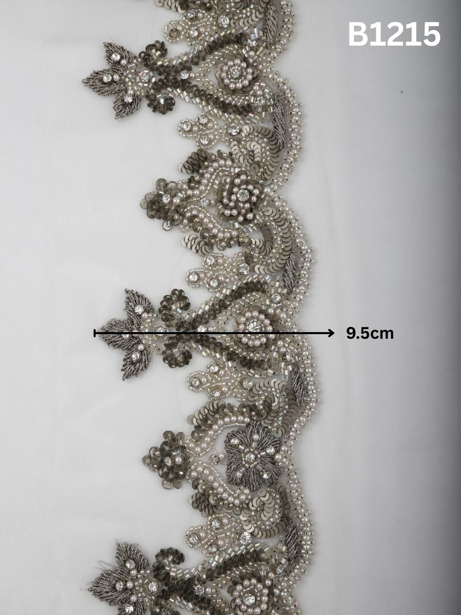 #B1215 Gilded Mirage: Silver and Gold Abstract Hand-Beaded Trim with Sequins, Beads & Intricate Threadwork