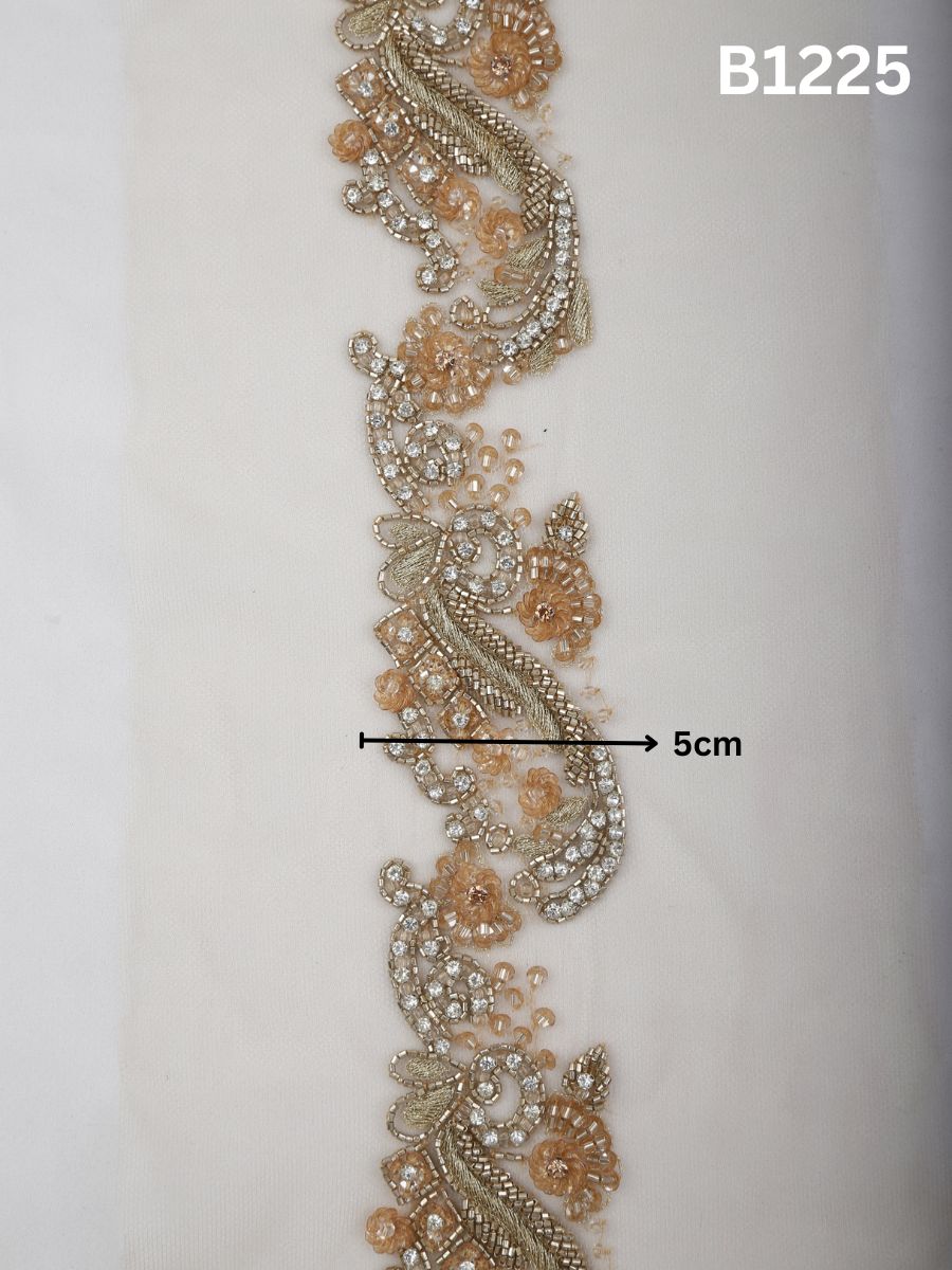 #B1225 Metallic Fusion: Silver & Gold Abstract Hand-Beaded Trim with Luxe Beads and Radiant Rhinestones