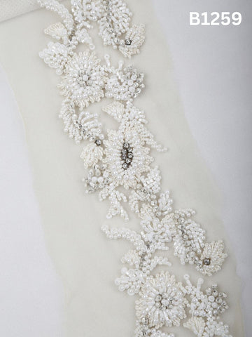 #B1259 Ivory : Floral Hand-Beaded Trim with Tonal Beads