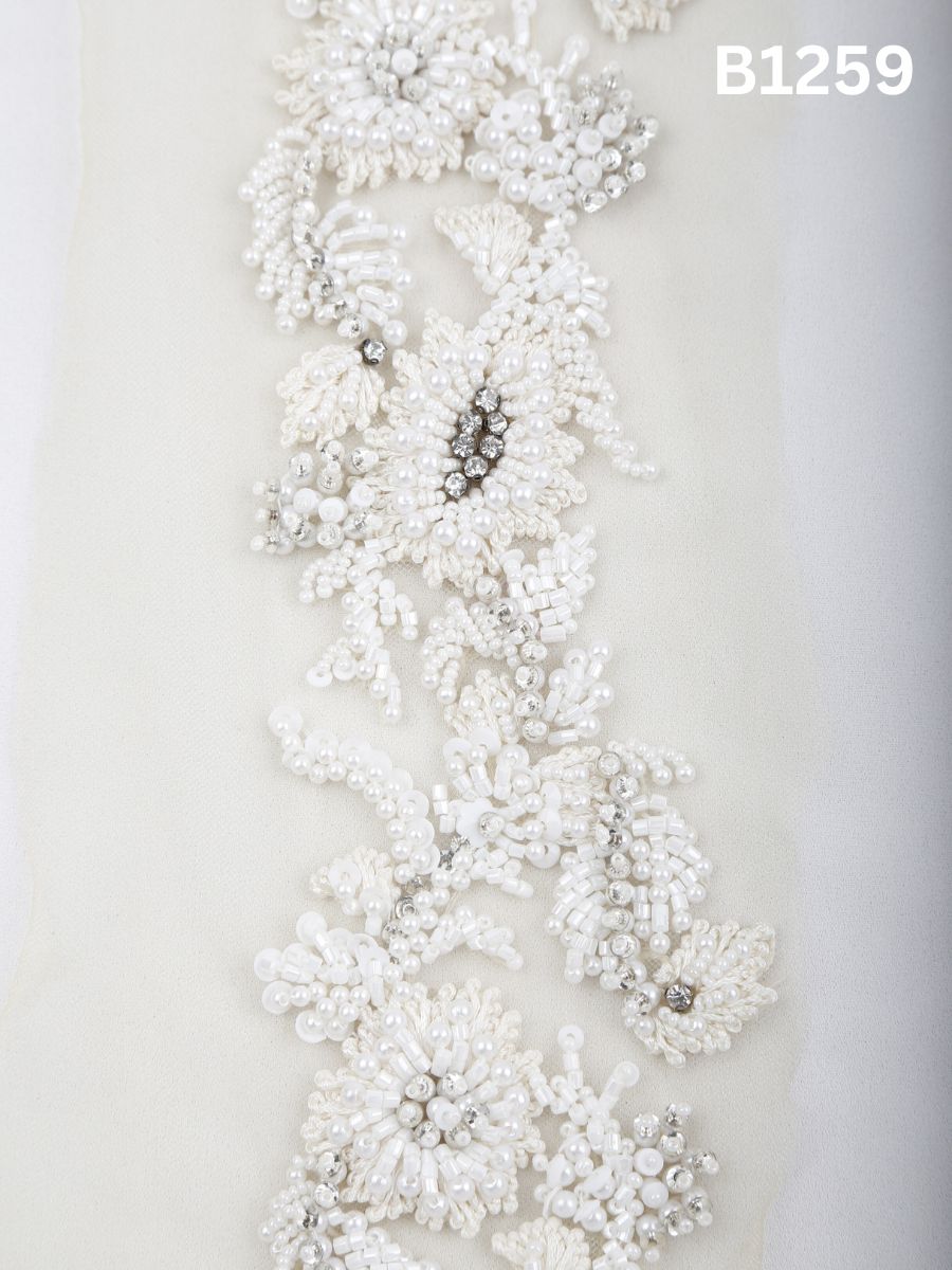 #B1259 Ivory : Floral Hand-Beaded Trim with Tonal Beads