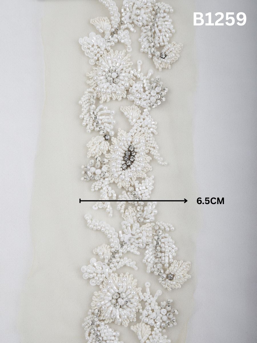 #B1259 Ivory : Floral Hand-Beaded Trim with Tonal Beads