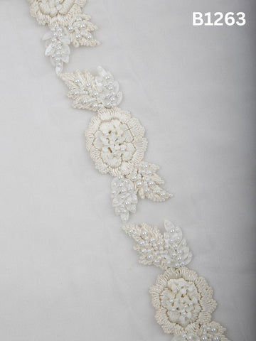 #B1263 Floral Hand-Beaded Trim with Delicate Threadwork and Beads in Classic Ivory