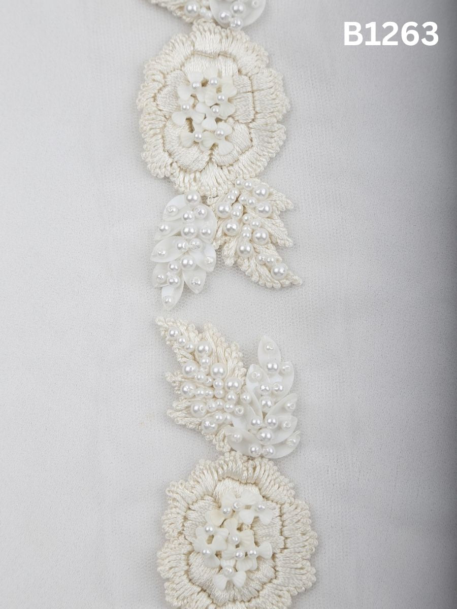 #B1263 Floral Hand-Beaded Trim with Delicate Threadwork and Beads in Classic Ivory