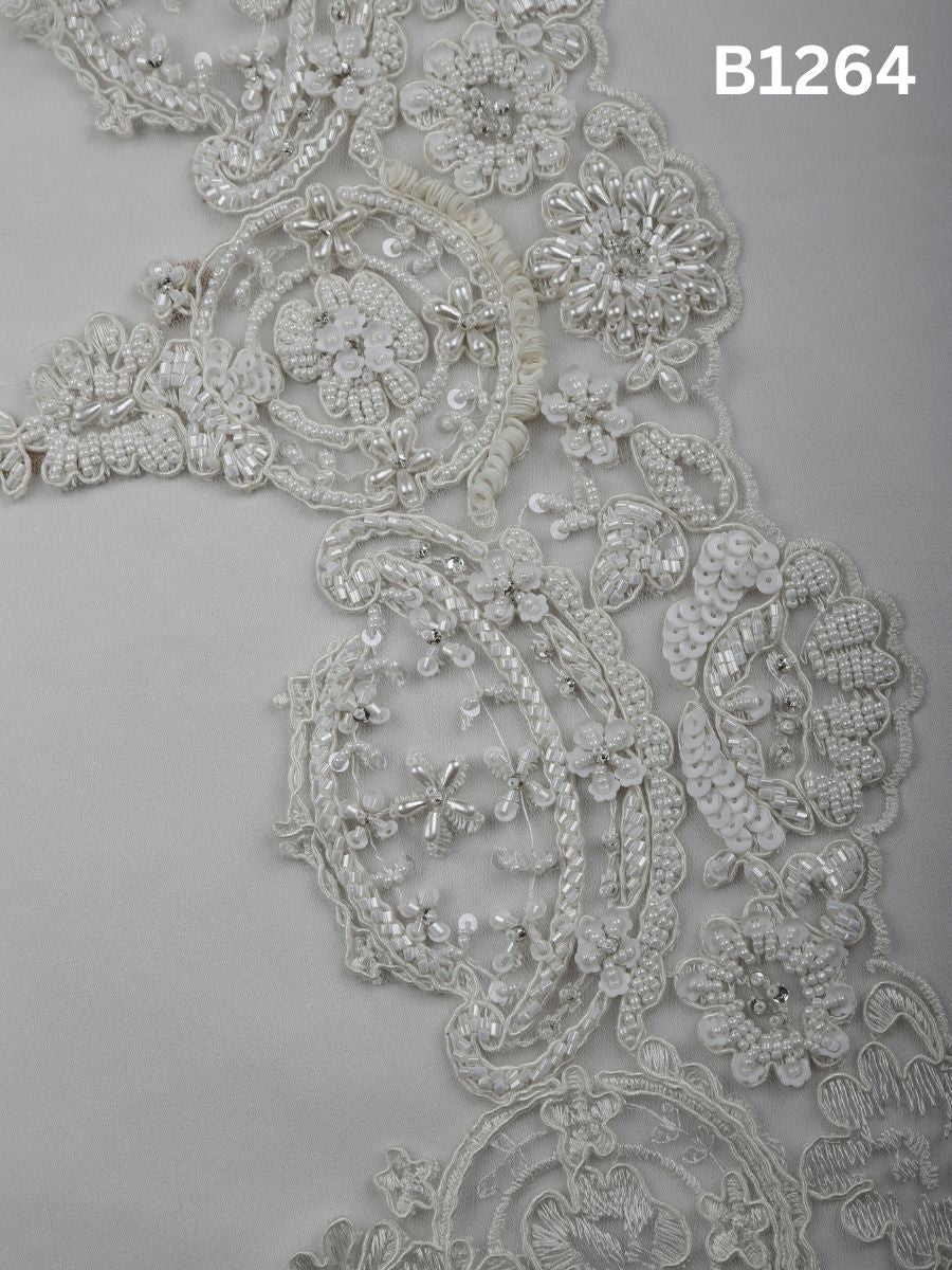 #B1264 Hand-Beaded Floral Trim with Sequins and Beads in Soft Ivory