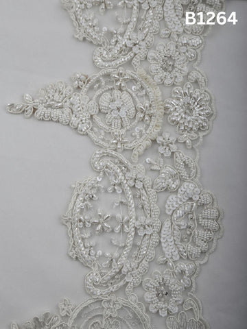 #B1264 Hand-Beaded Floral Trim with Sequins and Beads in Soft Ivory
