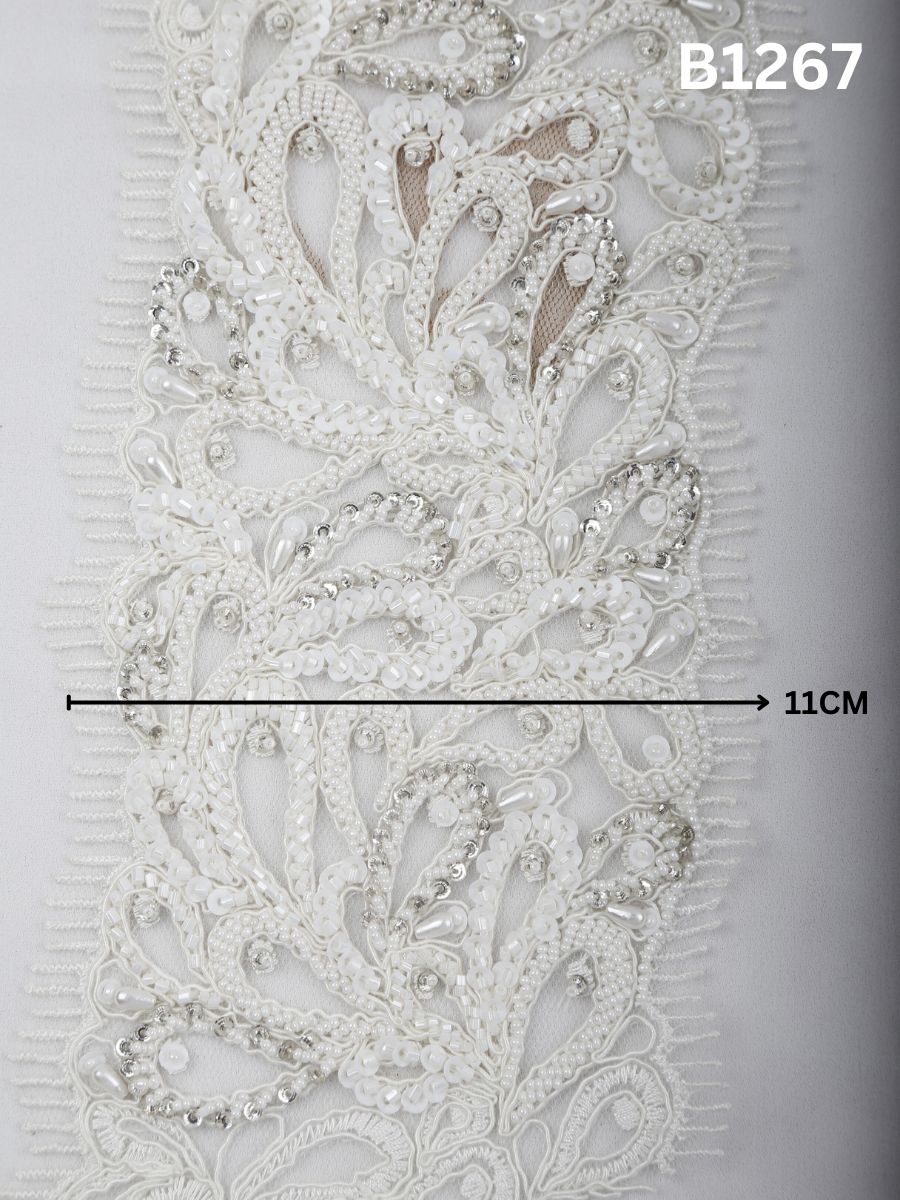 #B1267 Ivory Classic Hand-Beaded Trim with Sequins, Fine Thread work, and Intricate Beads