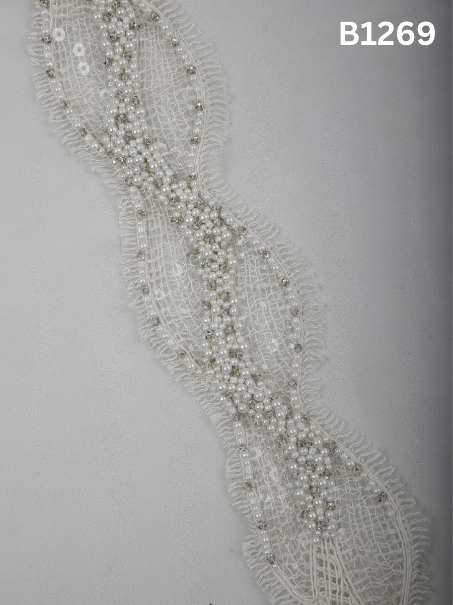 #B1269 Ivory Halo: Abstract Hand-Beaded Trim with Tonal Beads and Delicate Thread work